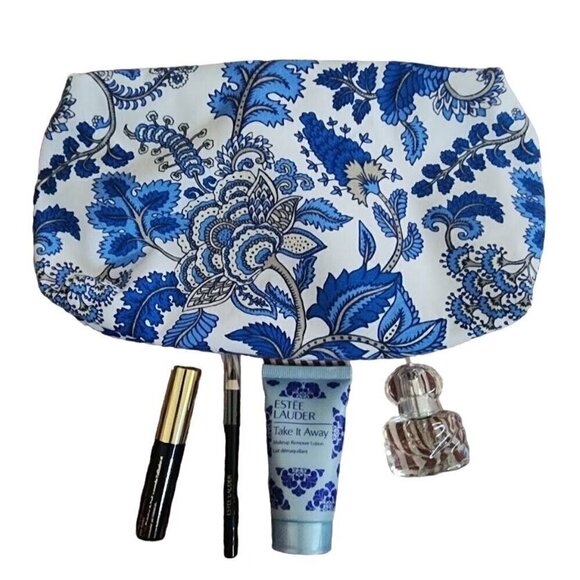 NWT Estee Lauder Makeup Bag with Eye Pencil, Mascara, Makeup Remover, Perfume - Picture 1 of 10